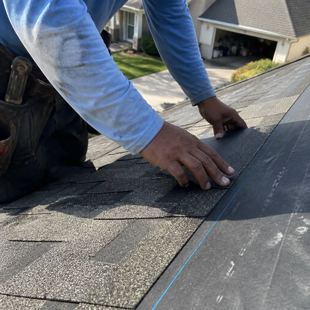 Professional roofer installing high-quality asphalt shingles on a residential roof.