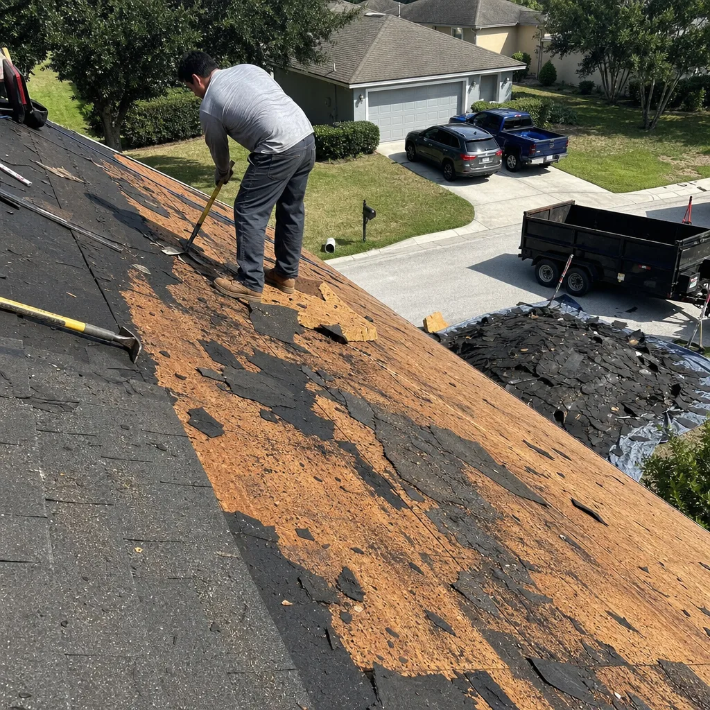 Professional roofer removing old shingles during a roof replacement project