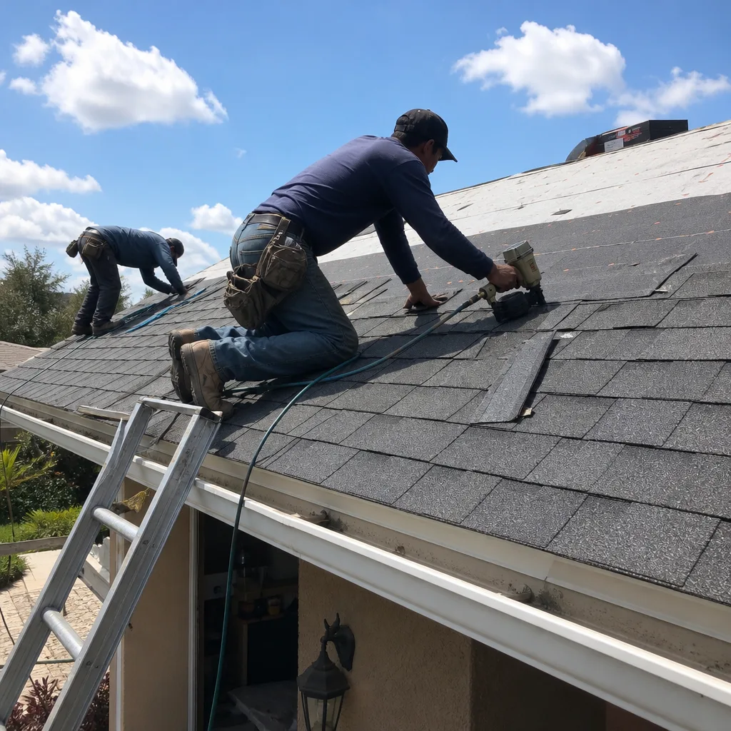 Two professional roofers installing new asphalt shingles on a residential roof.