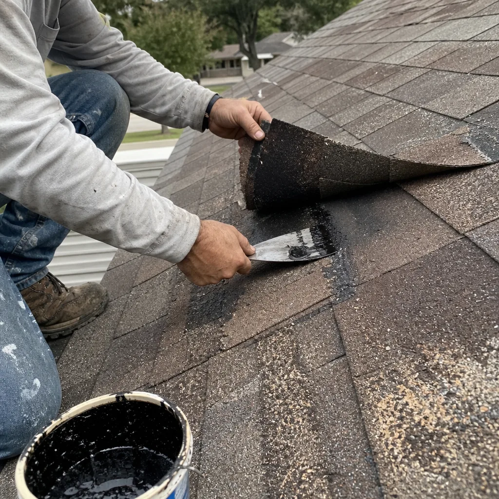Professional roofer applying sealant during a shingle repair project