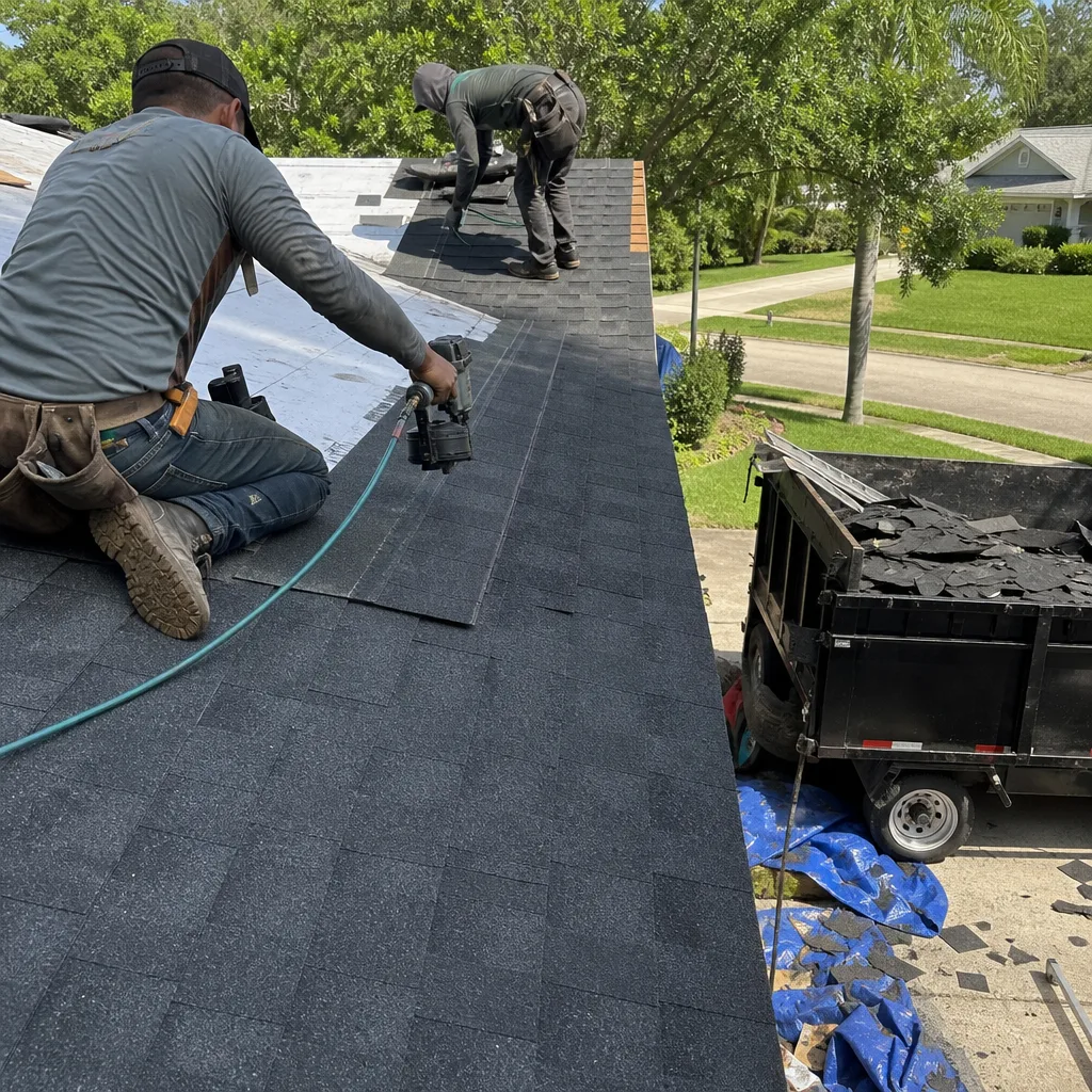 Two professional roofers performing a residential roof replacement with new shingles