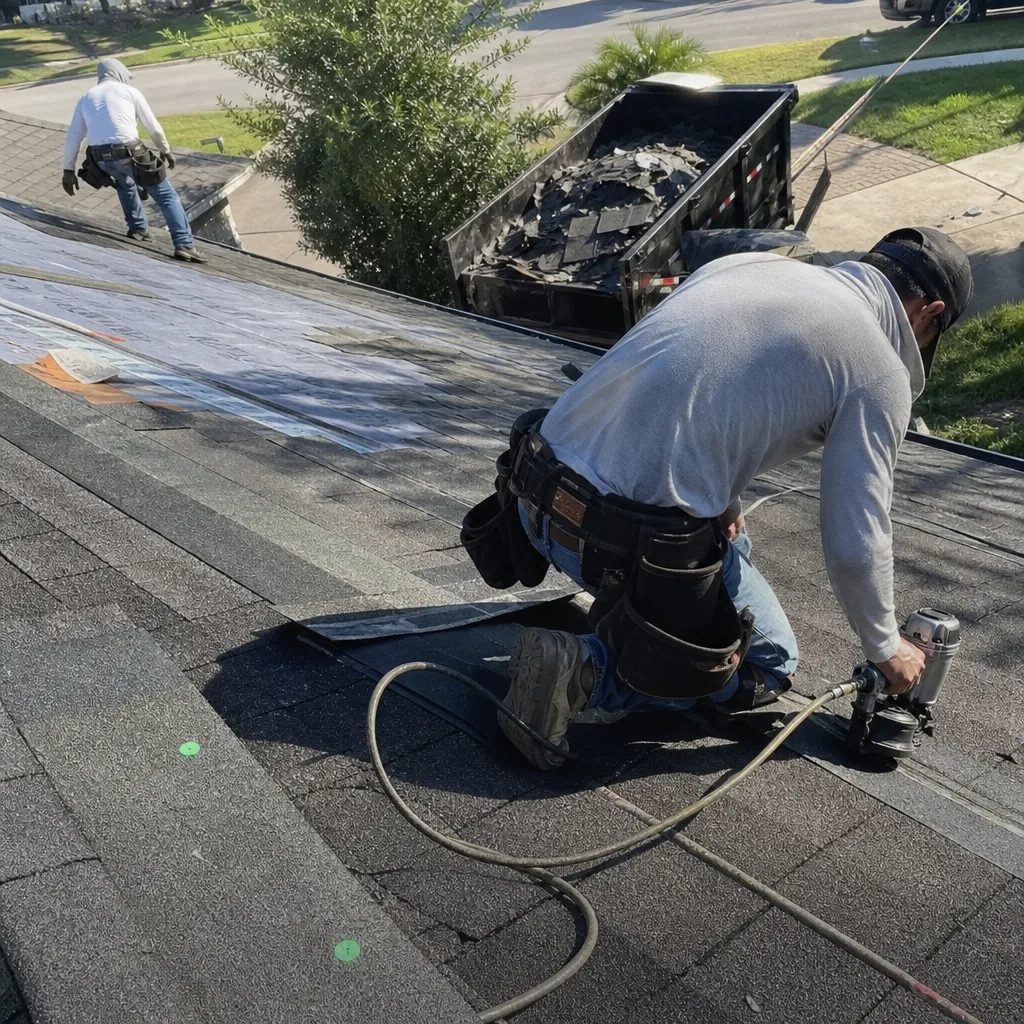 Two professional roofers performing a residential roof replacement with shingles.
